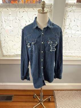 Levi's Men's Slim Fit Distressed Western Denim Shirt L Pearl Snaps